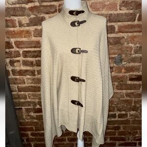 Jones New York Light Tan Cape with Buckle Details. Contains Wool And Angora